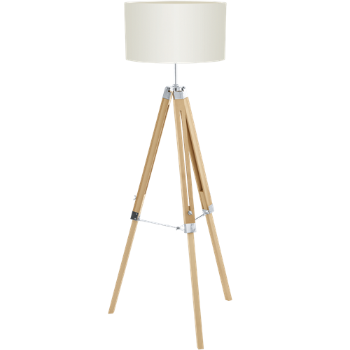 Lantada gulvlampe i metal Børstet Stål med træ i Natur og lampeskærm i Beige tekstil, med afbryder på ledning, MAX 60W, diameter